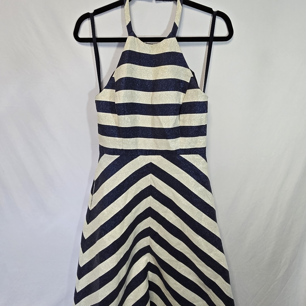 Shoshanna Midnight Metallic Silver Blue Stripe Halter Evening Dress Prom Wedding - Picture 10 of 13
